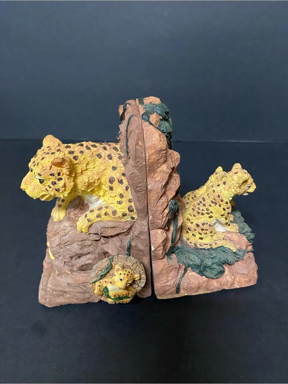 Vintage Wildlife Leopard Figurine with built in music box Bookends - Yellow